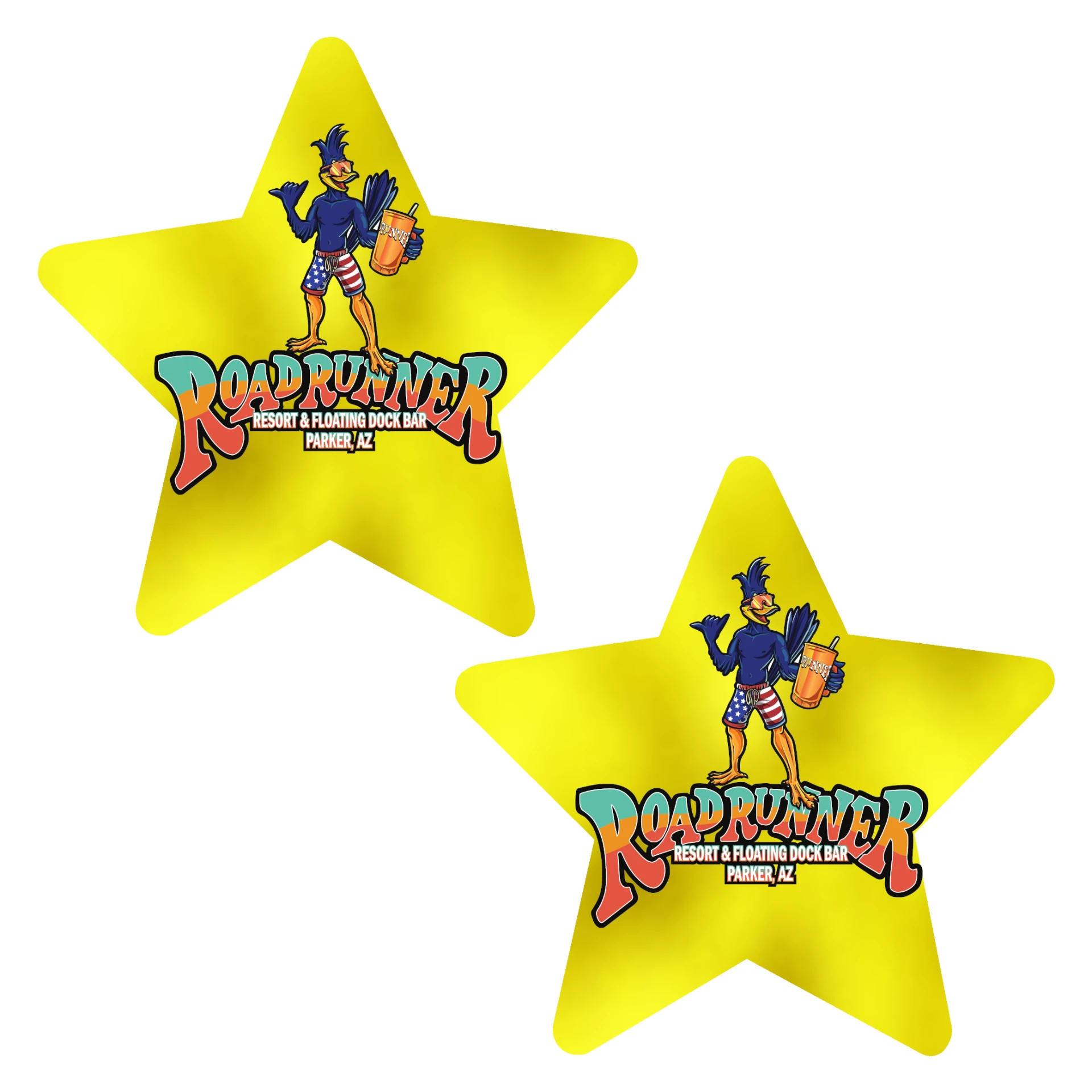 Yellow star logo pasties with Roadrunner resort artwork