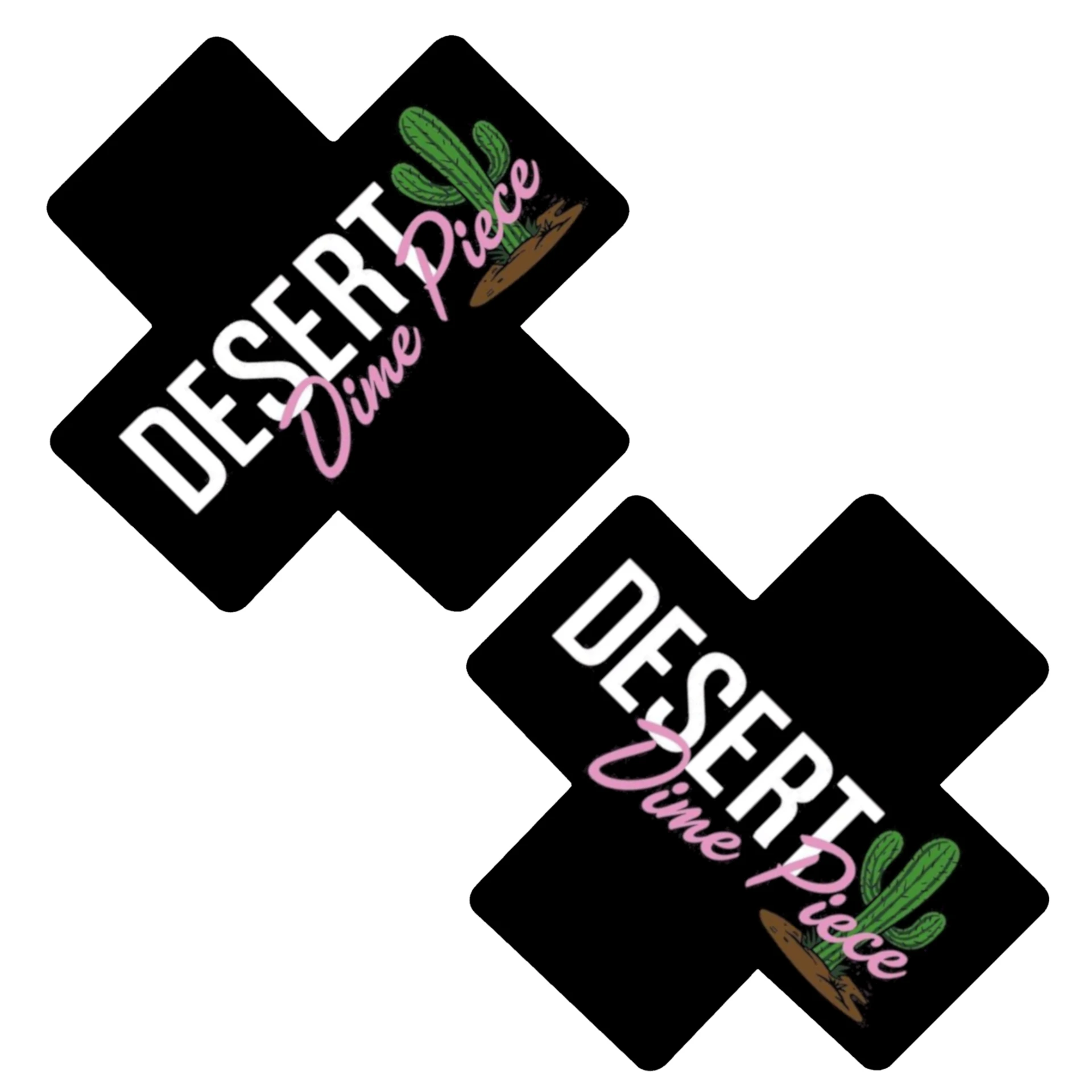 Black X pasties with desert-themed artwork