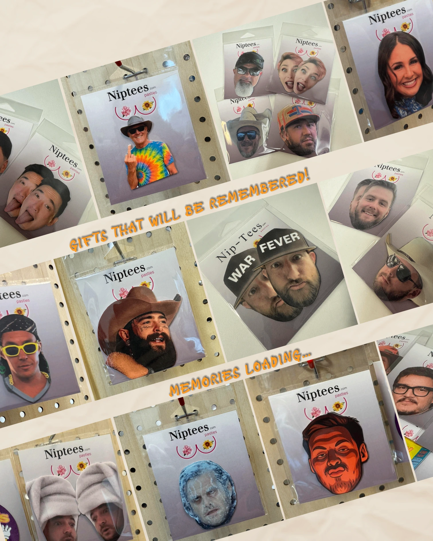 Collage of custom Niptees face pasties and memorable gift designs