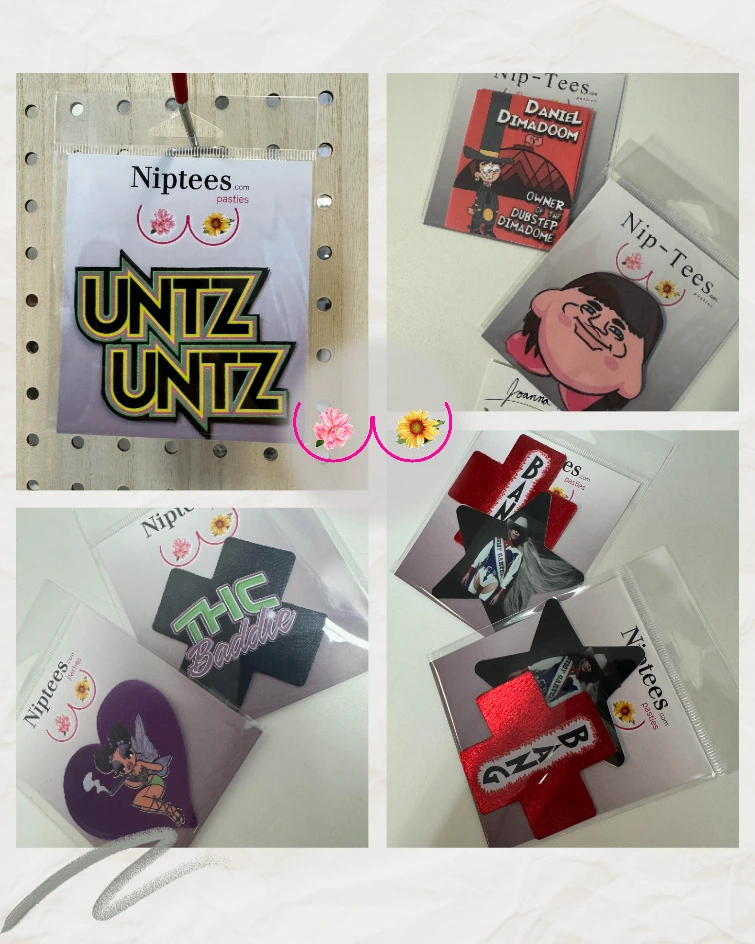 Collage of custom Niptees pasties including UNTZ UNTZ, fairy, and character designs